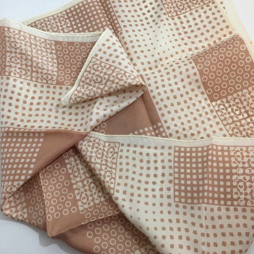 MCM Vintage Scarf Tan White Geometric Abstract 27 in Square Rolled Hem